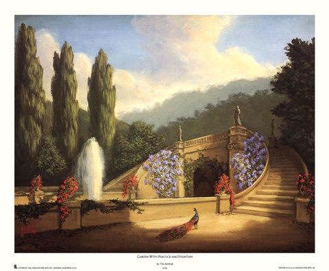 Framed Garden with Peacock and Fountain Print