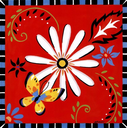 Framed Daisies And Butterflies-Red Print