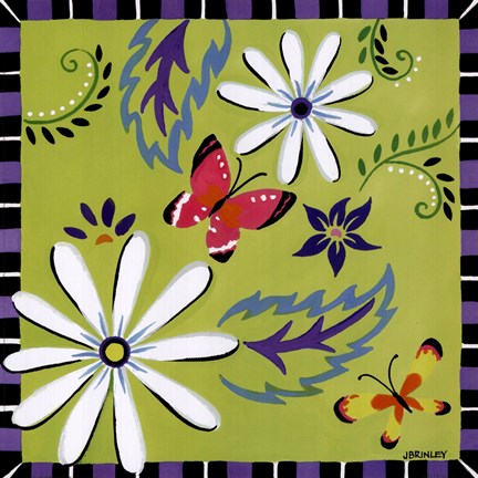 Framed Daisies And Butterflies-Green Print