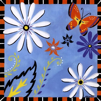 Framed Daisies And Butterflies-Blue Print