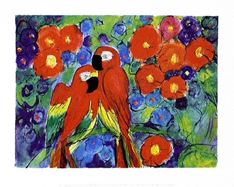 Framed Parrots with Flowers Print