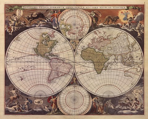 Framed New World Map, 17th Century Print