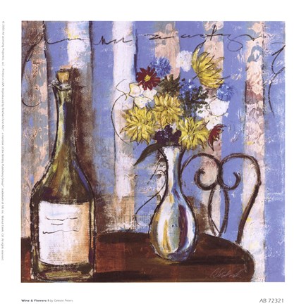 Framed Wine and Flowers I Print