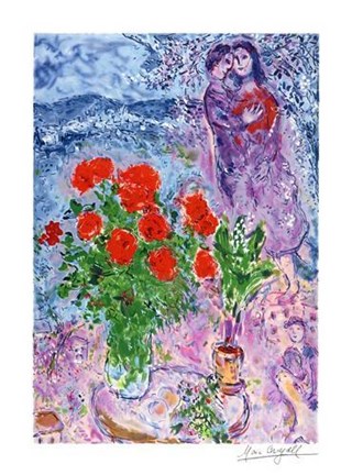 Framed Red Bouquet With Lovers Print