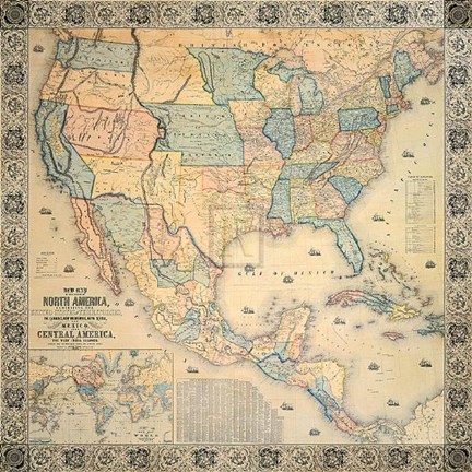 Framed Map of North America, 1853 Print