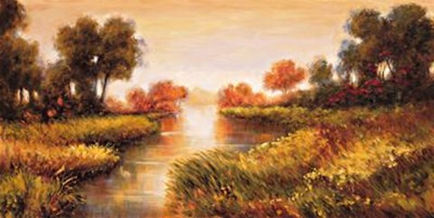 Framed Pond At Daybreak Print