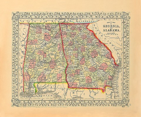 Framed County Map Of Georgia And Alabama Print