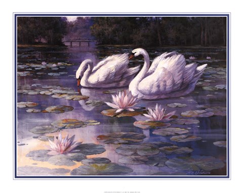Framed Swans and Bridge Print