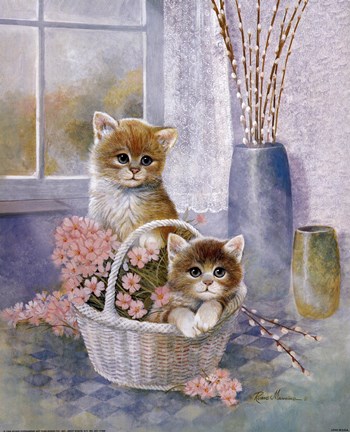 Framed Flower Basket with Cats Print