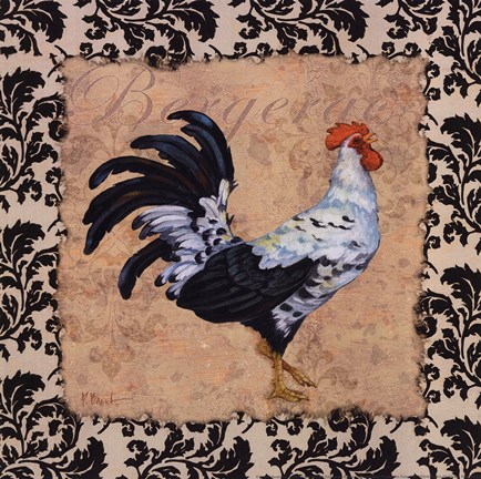 Framed Bergerac Rooster Black I Print