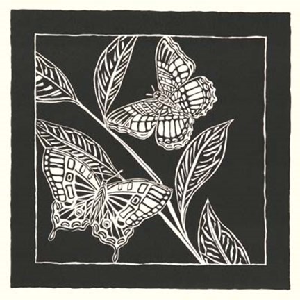 Framed Butterfly Woodblock in Black I Print