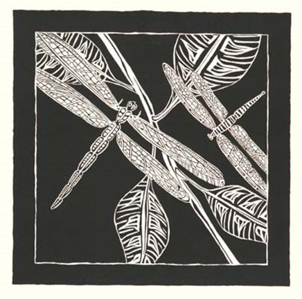 Framed Dragonfly Woodblock in Black II Print