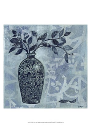 Framed Ornate Vase with Indigo Leaves II Print