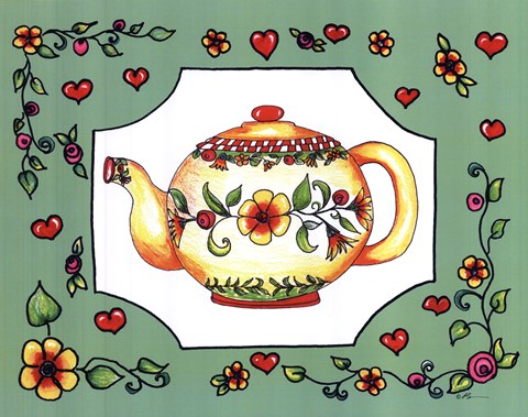 Framed Teapot with Green Floral Print