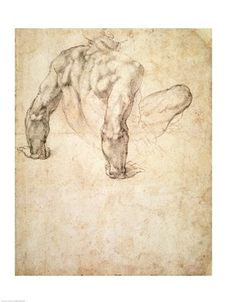 Framed W.63r Study of a male nude, leaning back on his hands Print