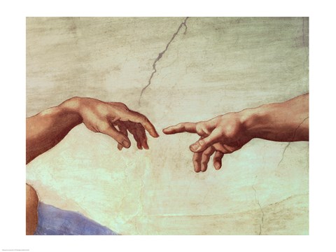 Framed Hands of God and Adam, detail from The Creation of Adam, from the Sistine Ceiling, 1511 Print