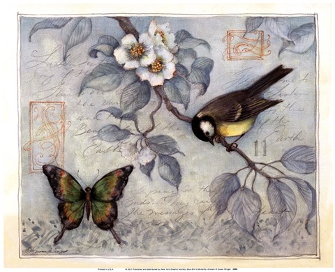 Framed Blue Bird &amp; Butterfly Print