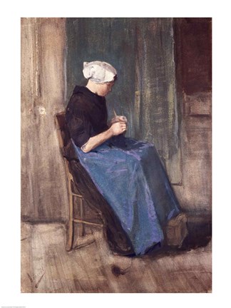 Framed Young Scheveningen Woman Knitting, Facing Right Print