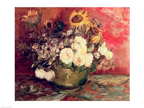 Framed Sunflowers, Roses and other Flowers in a Bowl, 1886 Print