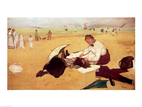 Framed Beach scene: little girl having her hair combed by her nanny Print