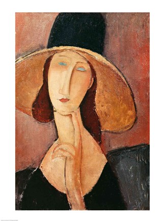 Framed Portrait of Jeanne Hebuterne in a large hat, c.1918-19 Print