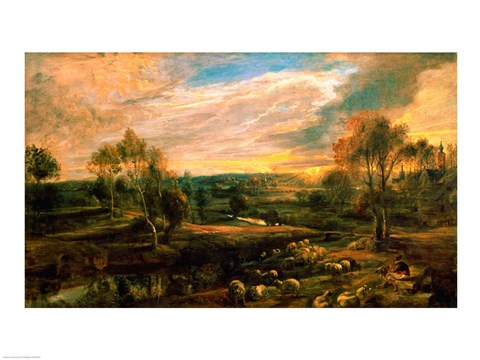 Framed Landscape with a Shepherd and his Flock Print