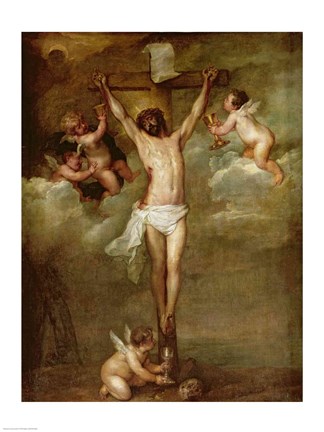 Framed Christ attended by angels holding chalices Print