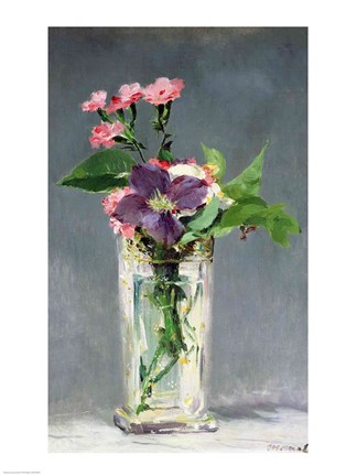Framed Pinks and Clematis in a Crystal Vase, c.1882 Print