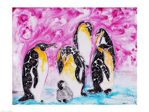 Framed Penguins Under Magenta Sky Print