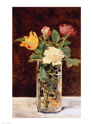 Framed Roses and Tulips in a Vase, 1883 Print