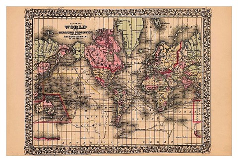 Framed Map of the World, 1867 Print