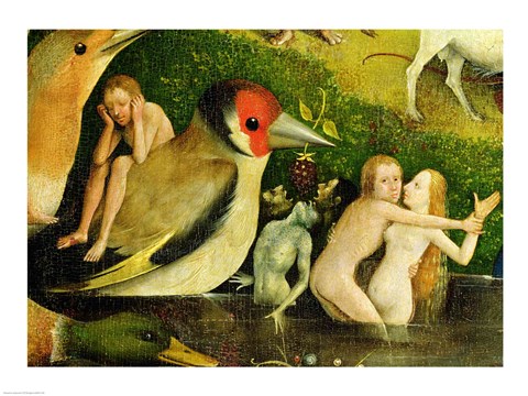 Framed Garden of Earthly Delights: Allegory of Luxury, central panel of triptych, detail of couple in the water and a bird, c.1500 Print