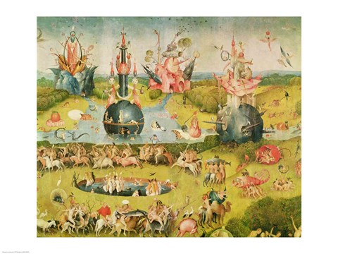 Framed Garden of Earthly Delights: Allegory of Luxury, horizontal central panel of triptych, c.1500 Print