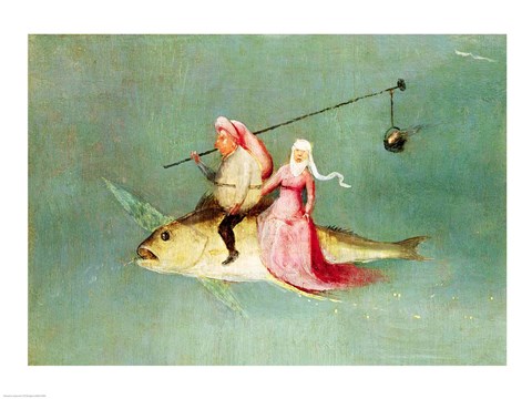 Framed Temptation of St. Anthony, right hand panel, detail of a couple riding a fish Print