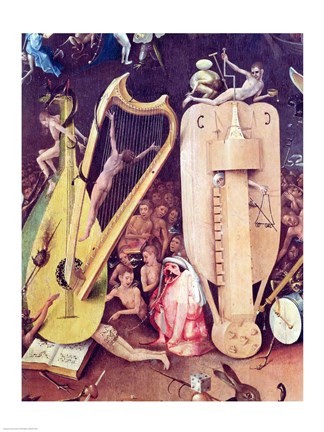 Framed Garden of Earthly Delights: Hell, detail of musical instuments from the right wing of the triptych, c.1500 Print