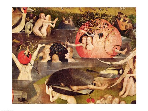 Framed Garden of Earthly Delights: Allegory of Luxury, horizontal detail of the central panel, c.1500 Print