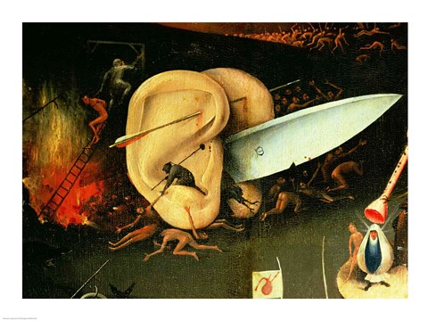 Framed Garden of Earthly Delights: Hell, right wing of triptych, detail of ears with a knife, c.1500 Print