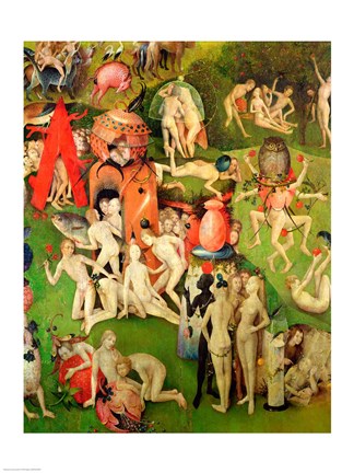 Framed Garden of Earthly Delights: Allegory of Luxury, vertical central panel of triptych, c.1500 Print