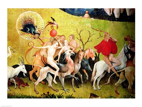 Framed Garden of Earthly Delights: Allegory of Luxury, detail of figures riding fantastical horses Print