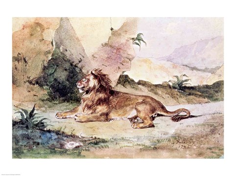 Framed Lion in the Desert, 1834 Print