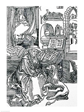 Framed St. Jerome in his study pulling a thorn from a lion&#39;s paw Print