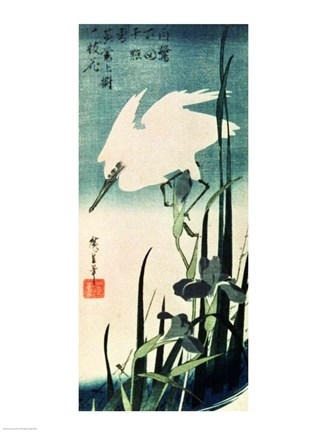 Framed White Heron and Iris Print