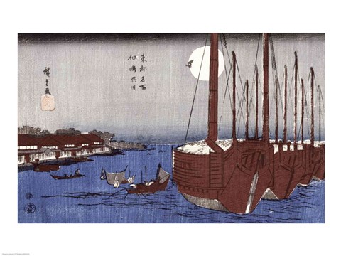 Framed Tsukudajima island and the Fukagawa district under the full moon Print