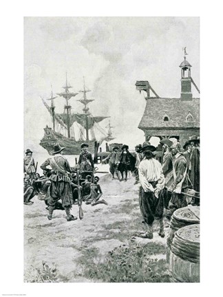 Framed Landing at Jamestown from a Dutch Man-of-War Print