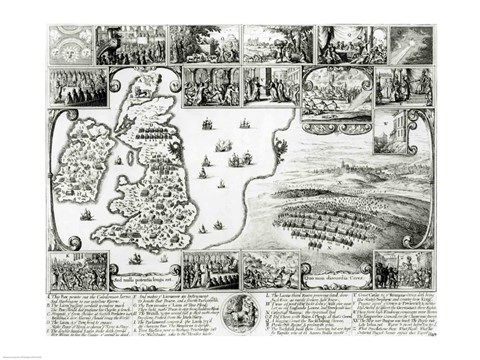 Framed Map of Civil War England and a view of Prague, 1632 Print