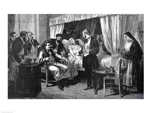 Framed Performing the Operation of the Transfusion of Blood at the Hospital of Pity Print