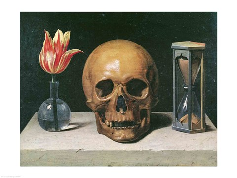 Framed Vanitas Still Life with a Tulip, Skull and Hour-Glass Print