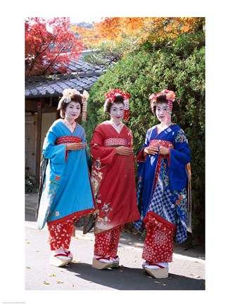 Framed Three geishas, Kyoto, Honshu, Japan (posed) Print
