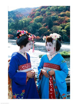 Framed Geishas Conversing in Japanese Print