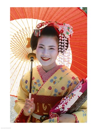 Framed Young Geisha with Umbrella Print